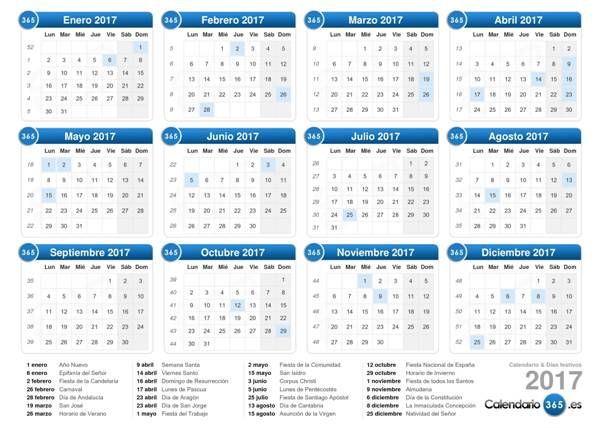 Calendario 2017 para descargar e imprimir con dias festivos